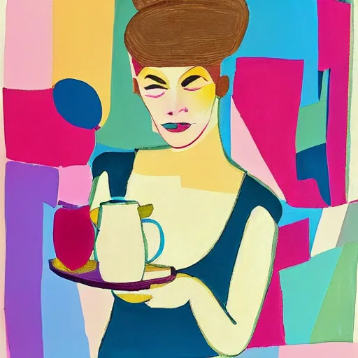 Image similar to beautiful lady, drinking tea, fruit basket, painting, abstract, clean shapes, print, litography pastel colors, ink lines, markus gunnar, konstfack