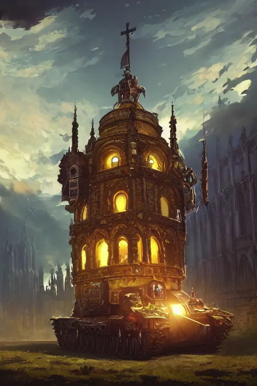 Image similar to a mobile driving ornate cathedral church as tower mounted on a tank with chain drive, warhammer 4 0, scene in an open field. key visual, conceptart, ambient lighting, highly detailed, digital painting, artstation, concept art, sharp focus, by makoto shinkai and akihiko yoshida and kris kuksi