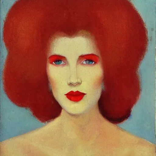Prompt: Woman model appearance, in the colors of Russian folk art, red hair, coral lips blue shadow, style Edward Hopper