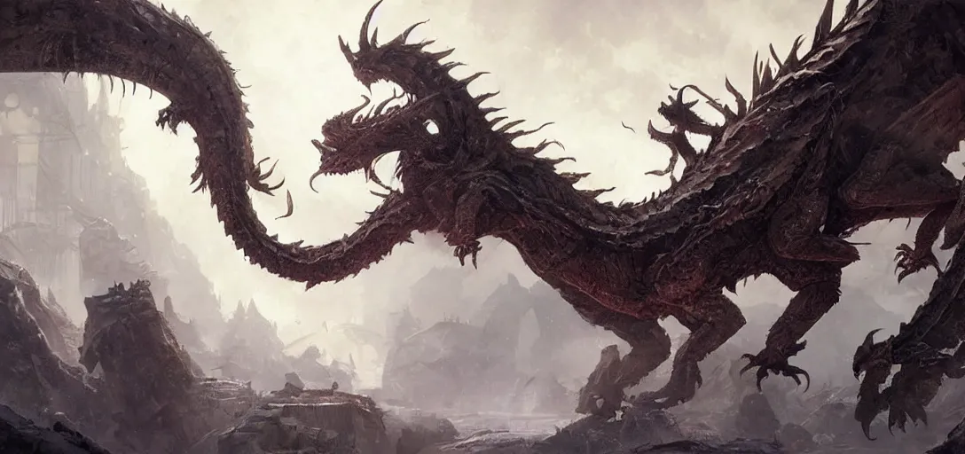 Prompt: Epic image of a huge intricate dragon, by Greg Rutkowski
