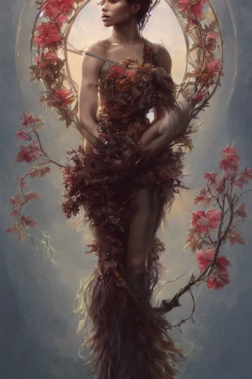 Image similar to ultra realistic illustration, zoe kravitz as persephone, intricate, elegant, highly detailed, digital painting, artstation, concept art, smooth, sharp focus, illustration, art by artgerm and greg rutkowski and alphonse mucha