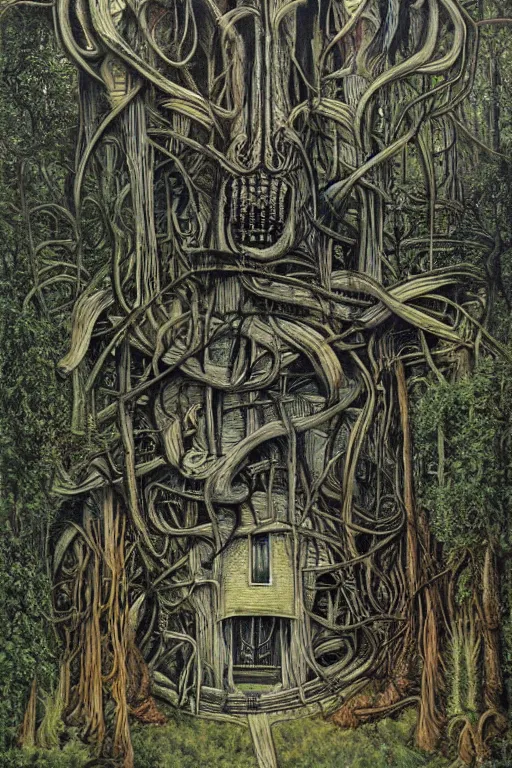 Image similar to a house in the forest by h. r. giger, painterly, alex grey, moebius