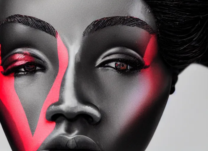 Image similar to close up portrait of extremely beautiful female black marble statue in the style of virgil abloh, colorful motocross logos behind her, sharp focus, clear, detailed,, cinematic, detailed, off white, glamourous, symmetrical, vogue, editorial, fashion, magazine shoot, glossy