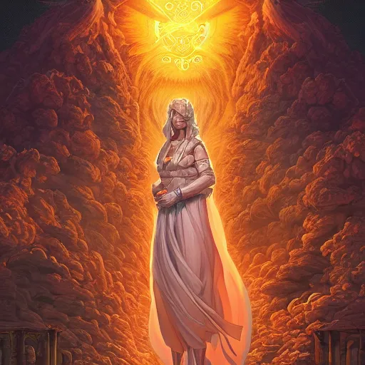 Image similar to pillar of salt shaped like a 30 year old woman in Biblical clothing. Fiery destruction of Sodom and Gomorrah. digital art by Dan Mumford and Peter Mohrbacher, highly detailed, trending on ArtStationHQ