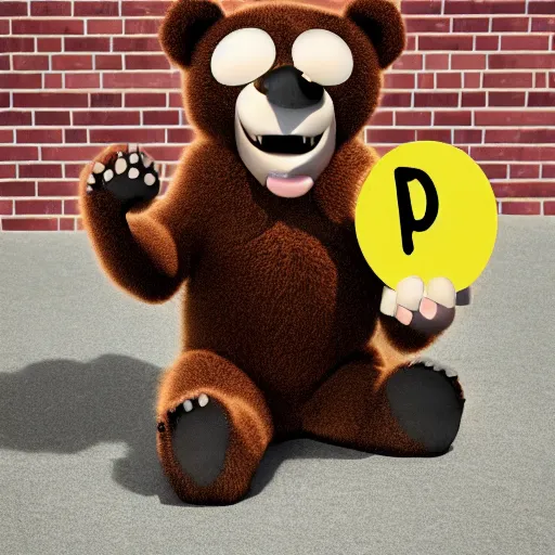 Image similar to a bear holding a'please'sign, in the style of pixar