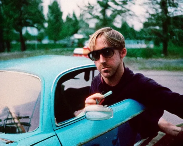 Image similar to lomography photo of ryan gosling as driver of lada 2 1 0 7 in small soviet town, cinestill, bokeh