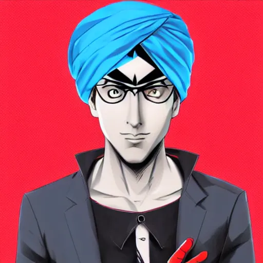 Image similar to A young man wearing a blue turban, beardless, shaven face, middle-eastern, in the style of Persona 5, Persona 5, Persona 5 artwork