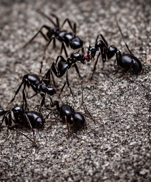 Image similar to high quality presentation photo of cute anthropomorphic black ants eating alien bugs, photography 4k f1.8 anamorphic bokeh 4k Canon Nikon