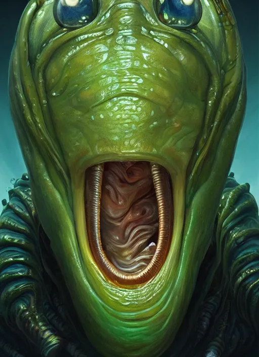 Image similar to elon musk as slimy mollusk character, drool, full size photo!!!, wide angle, intricate, elegant, highly detailed, digital painting, artstation, concept art, wallpaper, smooth, sharp focus, illustration, art by h. r. giger and artgerm and greg rutkowski and alphonse mucha