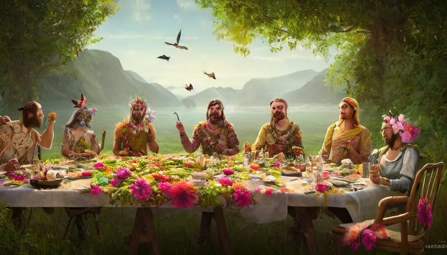 Image similar to a table dinner of exotic birds where birds are dressed like the characters from the midsommar movie wearing flowers, realistic detailed digital art by maxwell boas jessica rossier christian dimitrov anton fadeev trending on artstation cgsociety rendered in unreal engine 4 k hq