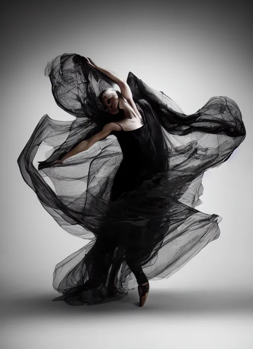 Image similar to a Photorealistic dramatic hyperrealistic render of a glamorous beautiful Female smoke dancer by Ken Brower and Deborah Ory of NYC Dance project,Lois Greenfield,Flowing cloth and smoke,Beautiful dynamic dramatic dark moody lighting,volumetric,shadows,cinematic atmosphere,Octane render,8K