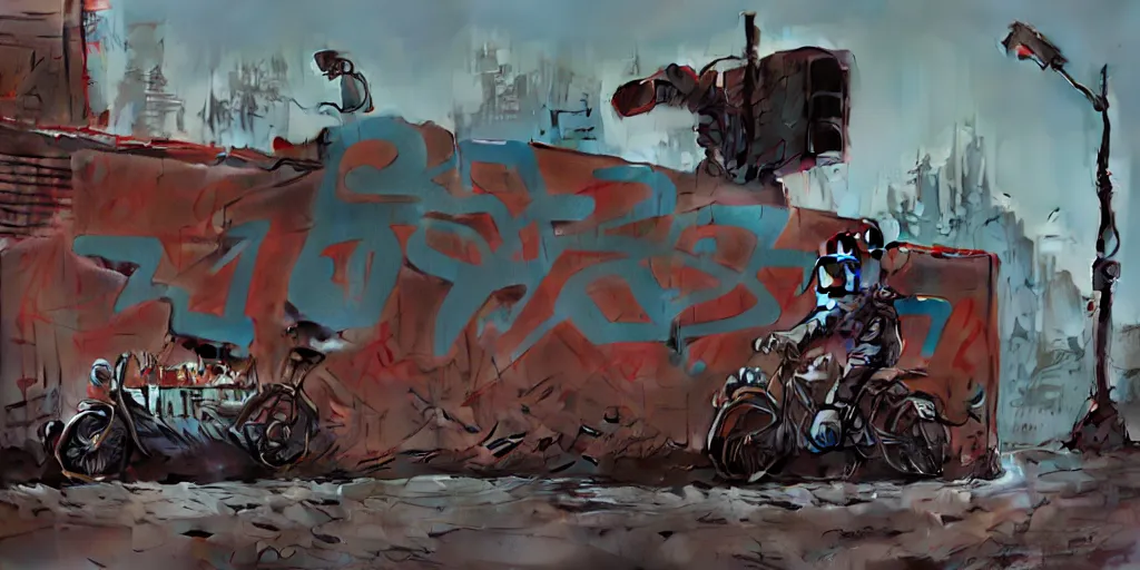 Prompt: graffiti in the style of ian mcque, brian sum, jamie hewlett, battlescared, damaged, hyperrealism, hyperrealistic, redshift render, hard surface modeling,