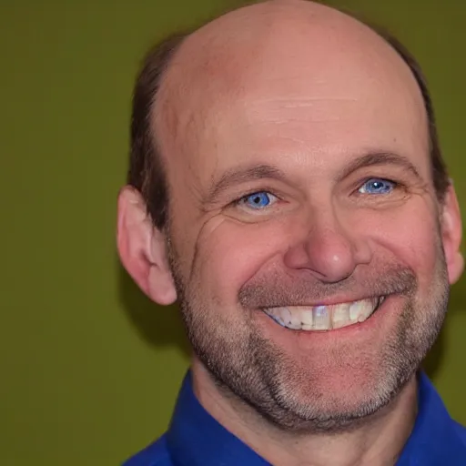 Image similar to color photograph of a balding, middle aged, brown haired, hairy, blue eyed, round faced, short white man dressed in a white shirt, smiling at the camera with perfect, straight white teeth