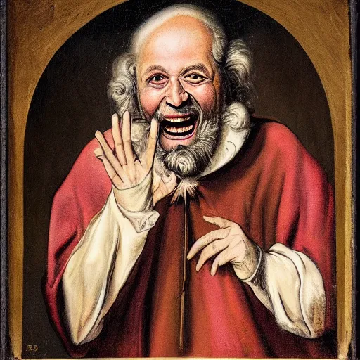 Prompt: baroque portrait of a old fantasy priest, unwashed, laughing, glowing eyes, crazed