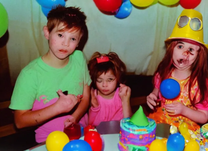 Prompt: 1990s kids birthday party, finger partially over the lens, Kodak Color Plus 35mm Film