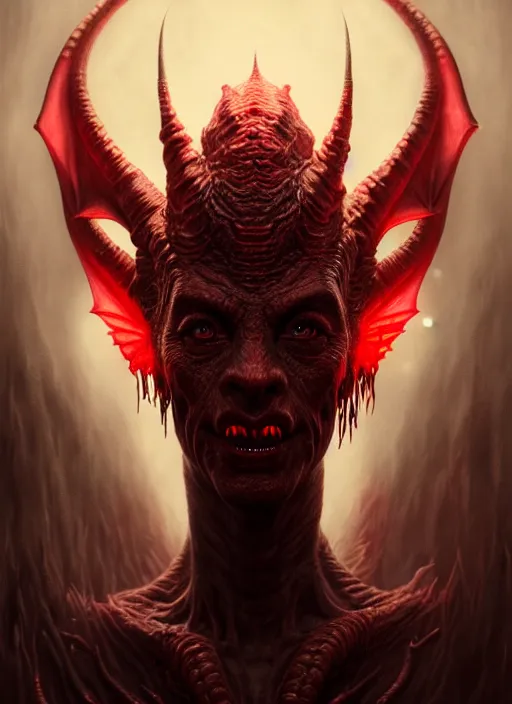 Image similar to realistic portrait of beautifully crystalized and detailed portrait of a goblin, matte painting of cinematic movie scene red dragon, horror, created by gustave dore and greg rutkowski, high detailed, smooth draw, synthwave neon retro, intricate, realistic proportions, dramatic lighting, trending on artstation.