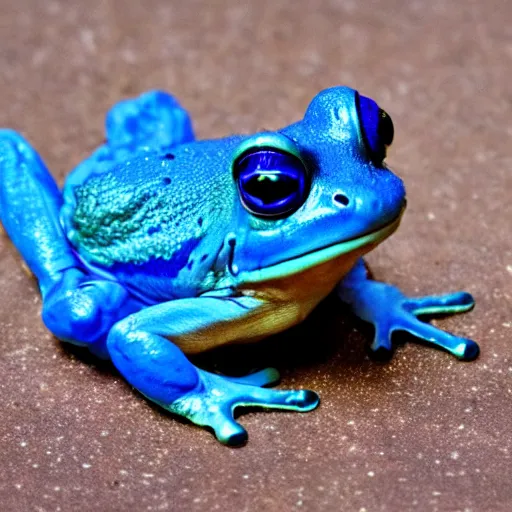 Prompt: a crying blue frog, tear in eyes, sad face