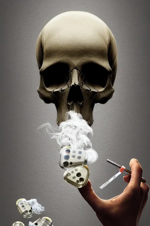 Image similar to pile Off pills , drugs and a skull on the table, skull made out of smoke coming out of pills, fantasy, intricate, elegant, highly detailed, digital painting, artstation, concept art, addiction, chains, smooth, sharp focus, illustration, art by Ilja Repin