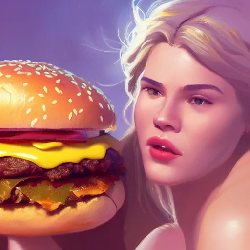 Prompt: portrait photography of Kevin Durant eating a giant hamburger, extra ketchup and mustard with overflowing bacon lettuce and tomato, cinematic lighting, highly detailed, feminine ethereal, D&D, hearthstone, digital painting, artstation, concept art, smooth, sharp focus, illustration, art by Terry Moore and Greg Rutkowski and Alphonse Mucha