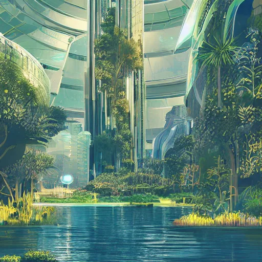 Prompt: beautiful happy picturesque charming futuristic sci - fi city in harmony with nature. water and plants. beautiful light. grainy and rough. soft colour scheme. beautiful artistic vector graphic design by lurid. ( 2 0 2 2 )