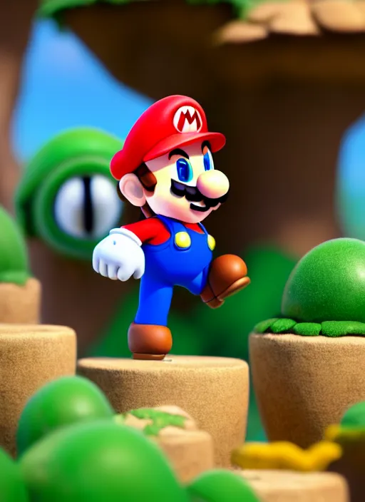 Prompt: super mario as nendoroid, jumping in mushroom kingdom in the croods movie style, anime, disney, pixar, 8 k, hd, dof, kodak film, volumetric lighting, subsurface scattering, photorealistic, octane render, details