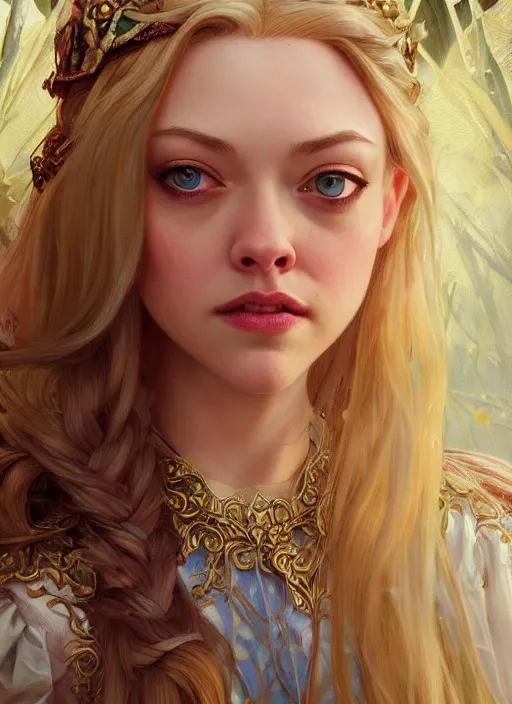 Image similar to beautiful young amanda seyfried as the rapunzel princess, closeup, d & d, fantasy, intricate, elegant, highly detailed, digital painting, artstation, concept art, matte, sharp focus, illustration, art by artgerm and greg rutkowski and alphonse mucha