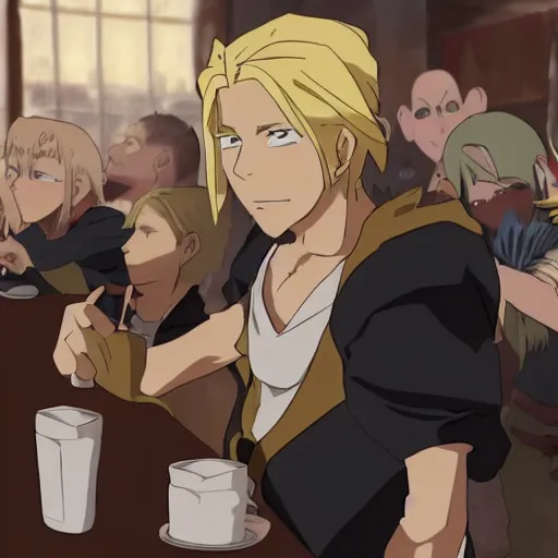 Prompt: young blonde boy fantasy thief in a tavern surrounded by friends, full metal alchemist, anime style