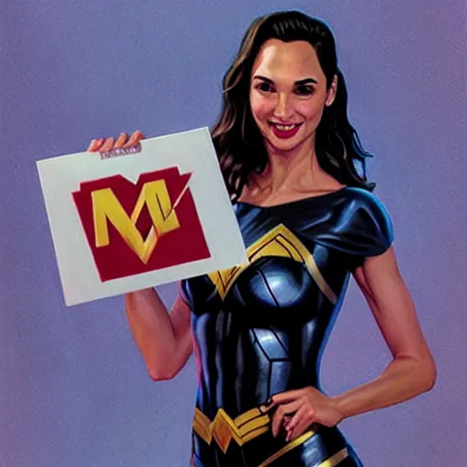 Image similar to Gal Gadot holding a sign that says M I T C H I E P O O !!!! as painted by Ralph Horsley