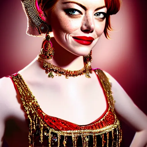 Image similar to a beautiful portrait of emma stone dressed as a belly dancer, arabian night, high quality, fully detailed, 4 k