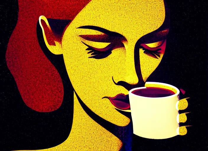 Image similar to portrait of a heroine drinking coffee, colorful,vivid, Mads Berg, Karolis Strautniekas,small finely stippled light, dramatic lighting,fine texutre, editorial illustration, detailed, matte print, dynamic composition,moody, cinematic, film grain,perspective