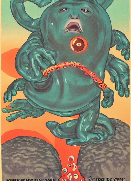 Image similar to giant tardigrade retro japanese monster slimy harness, poster, painting, 7 0 s vintage art