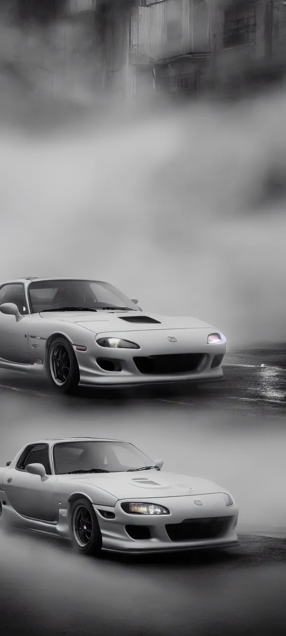 Image similar to a jdm mazda rx - 7 drifting in dunwall, cinematic, dark atmosphere, long exposure, white balance, 8 k, led, lumen global illumination, fog, ray tracing reflections