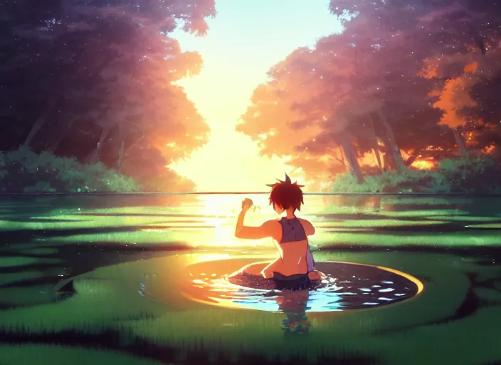 Prompt: portrait of hinata training in a pond at night, rule of thirds, illustration concept art anime key visual, trending pixiv fanbox by wlop and greg rutkowski and makoto shinkai and studio ghibli and kyoto animation