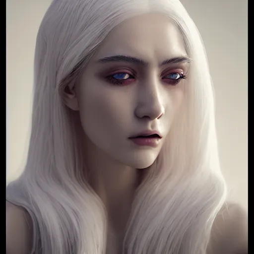 Prompt: 3 d render, hyper detailed, realistic female face and shoulders as a painted porcelain statue, white hair, fine facial features, white eyes and eyelashes, 8 k, 1 5 0 ml lens, elegant, white background, octane render, volumetric lighting, by carlos ortega elizalde and yomagick and ahmed emad eldin