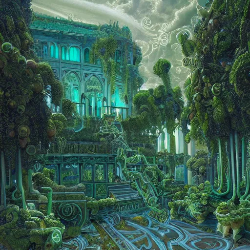 Image similar to a detailed oil painting by michael whelan and donato giancola of an intricate, ornate palace made of green, polished semiprecious malachite marble and jade, hyper detailed, hd, artstation, beautiful sunrise lighting, surrounded by trees