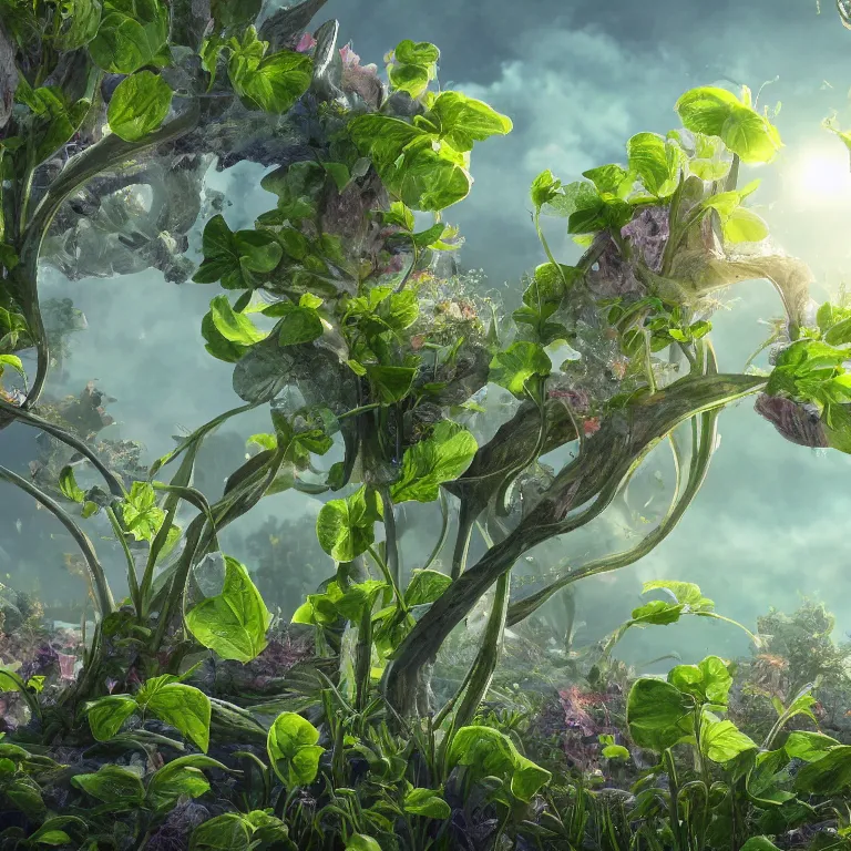 Prompt: a beautiful picture of close up plant sprouts in a fantasy world full of interesting buds fictional and gorgeous, cute animals walking nearby, 8 k resolution, highly detailed, hdr, artwork, trending on artstation, kinetic art, modular constructivism