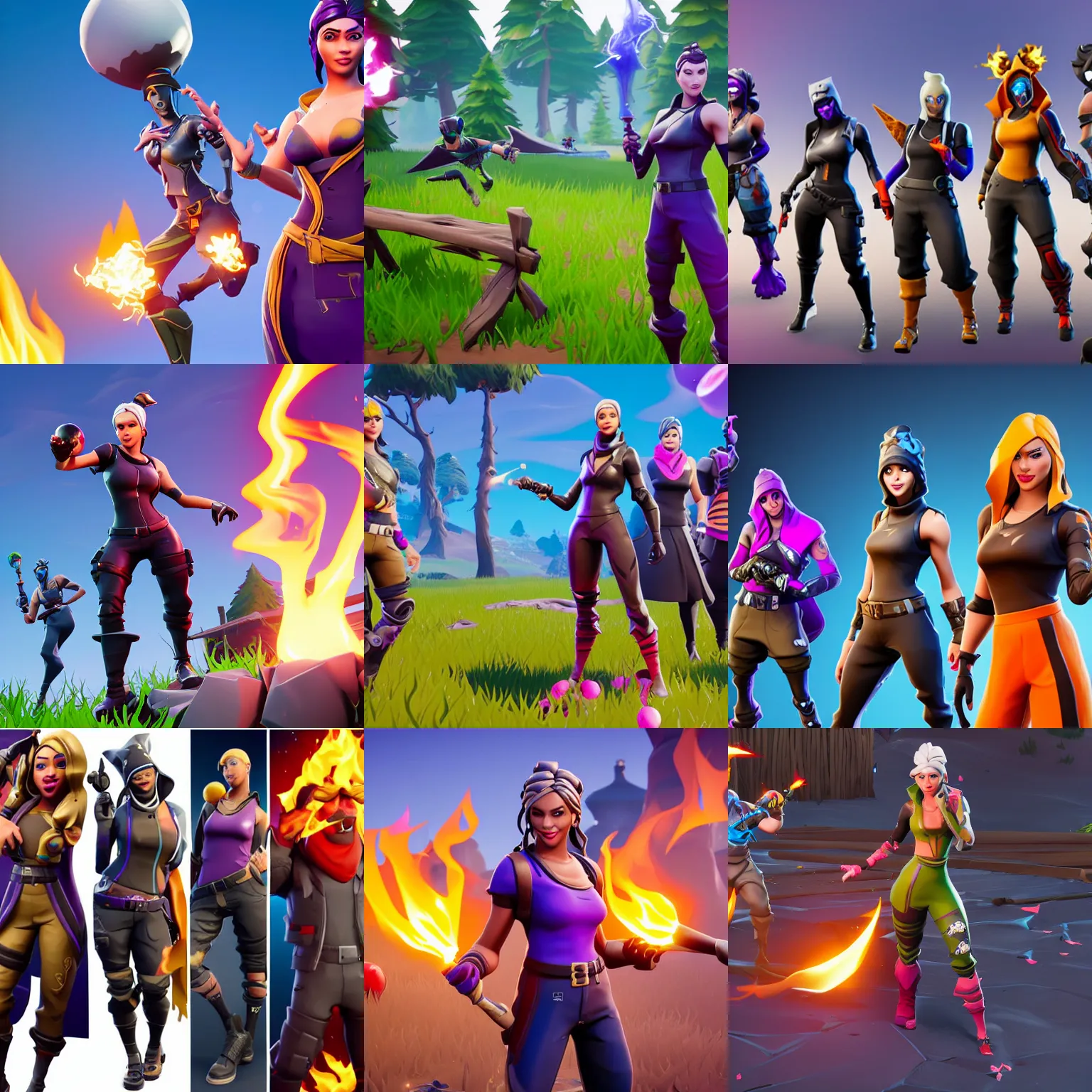Prompt: Fortnite style ; the sorceress casting a fire ball ; Fortnite style; thight clothes