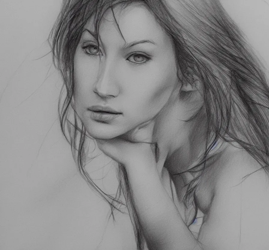 Image similar to woman + posing + photo, pencil drawing, pencil, black, sketch, on paper, realistic, detailed, artstation