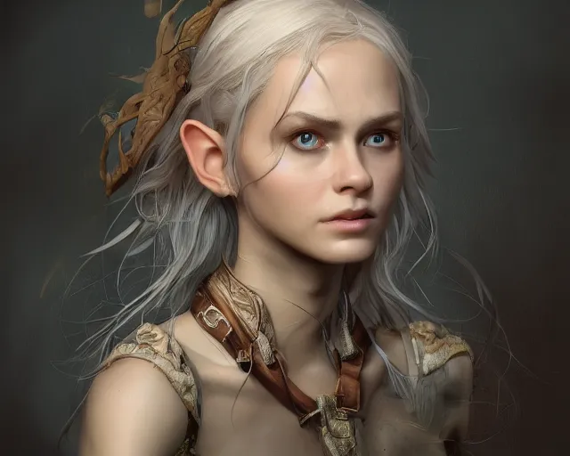 Image similar to elf portrait, au naturel, hyper detailed, digital art, trending in artstation, cinematic lighting, studio quality, smooth render, unreal engine 5 rendered, octane rendered, art style by klimt and nixeu and ian sprigger and wlop and krenz cushart.