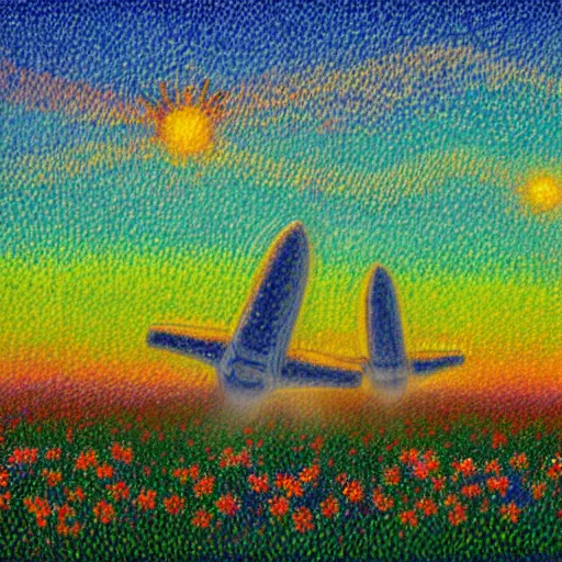 Prompt: three starship rockets landing in a field of flowers at sunset, pointillism and impressionist painting