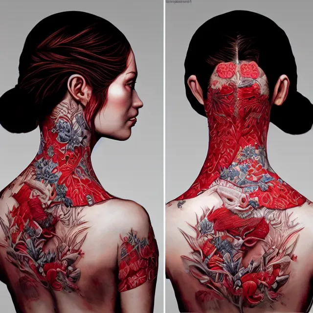 Image similar to ultra realistic illustration, beautiful woman dressed in red kimono, backview, tattoos, in the style of gerald brom by weta digital and beth cavener, high face symmetry, intricate, masterpiece, award winning, high face symmetry, intricate