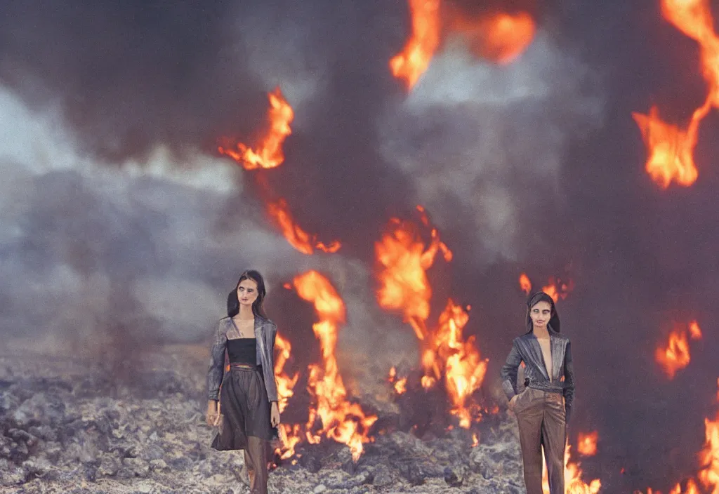 Prompt: fashion editorial in Kuwait oil fields burning fire 1991. highly detailed. depth of field. high definition. 8k. photography.