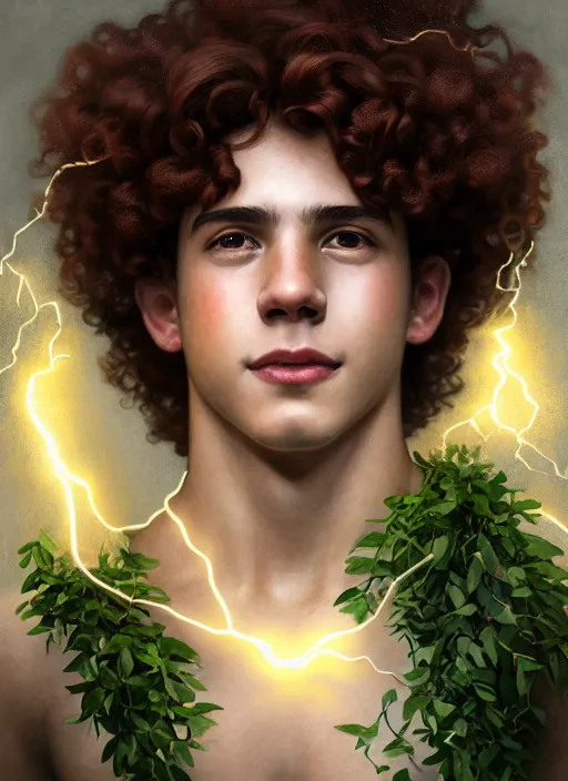 Image similar to portrait of teenage zeus, greek, short curly copper hair, smiling mischievously, wearing a white sash, olive tree, intricate, elegant, lightning bolt, glowing lights, highly detailed, digital painting, artstation, concept art, smooth, sharp focus, mist, volumetric lighting, illustration, art by wlop, mucha, artgerm, and greg rutkowski