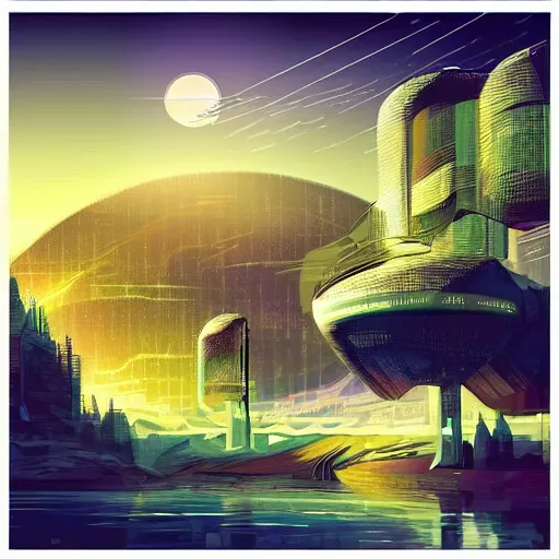 Prompt: beautiful happy picturesque charming organic futuristic sci - fi town in harmony with nature. beautiful light. grainy and rough. soft colour scheme. beautiful artistic vector graphic design art by lurid. ( 2 0 2 2 )