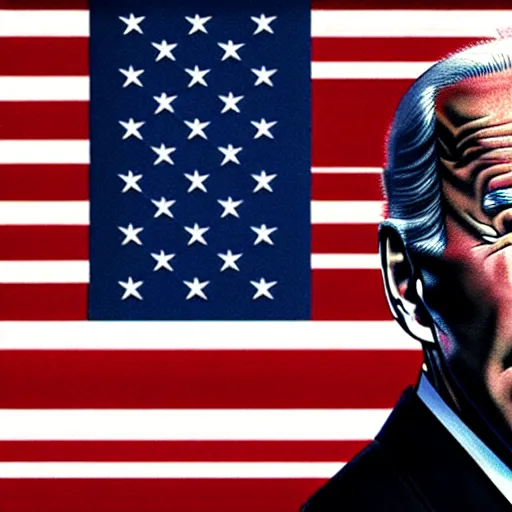 Prompt: Joe Biden looking sinister, american flag, by Tsutomu Nihei, highly detailed