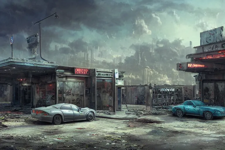 Prompt: highly detailed 4K fantasy matte painting of an abandoned gas station near the road police cruiser parked, dystopian style detailed digital art by Greg Rutkowski and Thomas Kinkade, trending on Artstation