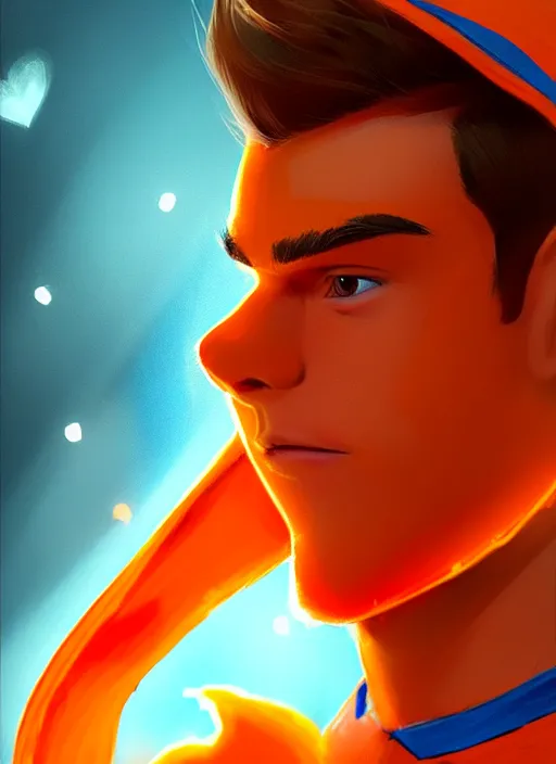 Image similar to kind teenage archie andrews wearing an orange superhero costume, superhero costume with heart emblem, cape, intricate, elegant, glowing lights, highly detailed, digital painting, artstation, sharp focus, illustration, art by wlop, mars ravelo and greg rutkowski