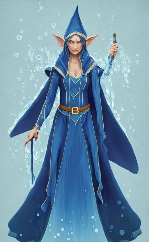 Image similar to elf female sorcerer doing water magic spells, blue robes, exquisite details, full body character design on a white background, by studio muti