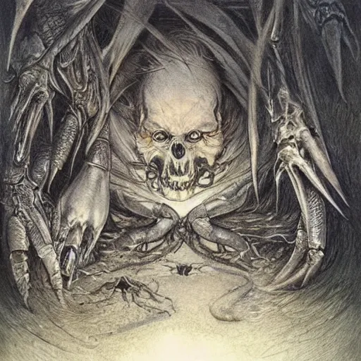 Image similar to 🦀🐟🦇🦍🔥👻, Alan Lee