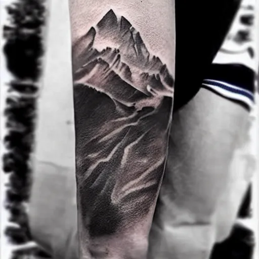 Image similar to realistic tattoo sketch of a lionel messi face double exposure mountain scenery, in the style of matteo pasqualin, amazing detail, sharp, faded